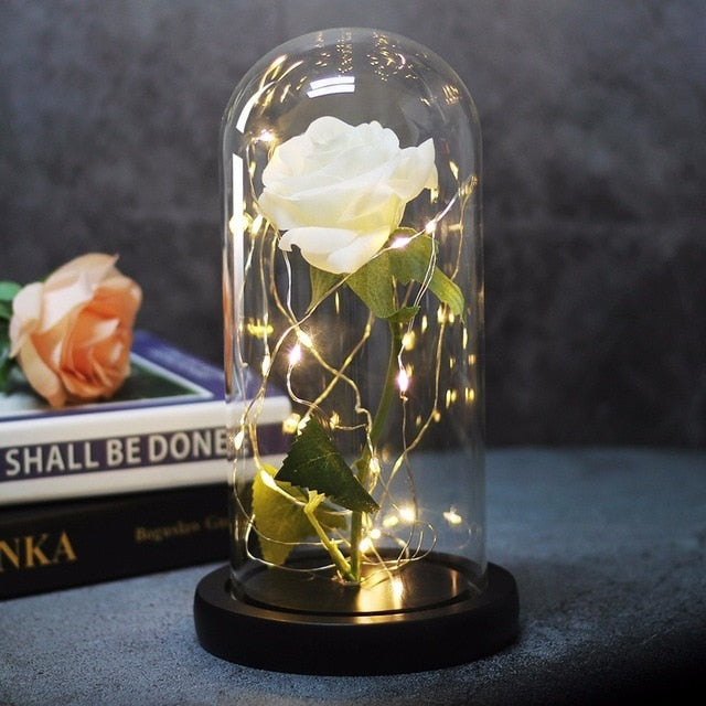 La Belle et la Bête Rose dans un flacon LED Fleur de rose Base noire Dôme en verre