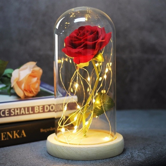 La Belle et la Bête Rose dans un flacon LED Fleur de rose Base noire Dôme en verre