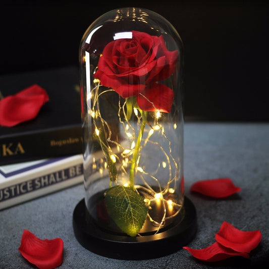 La Belle et la Bête Rose dans un flacon LED Fleur de rose Base noire Dôme en verre