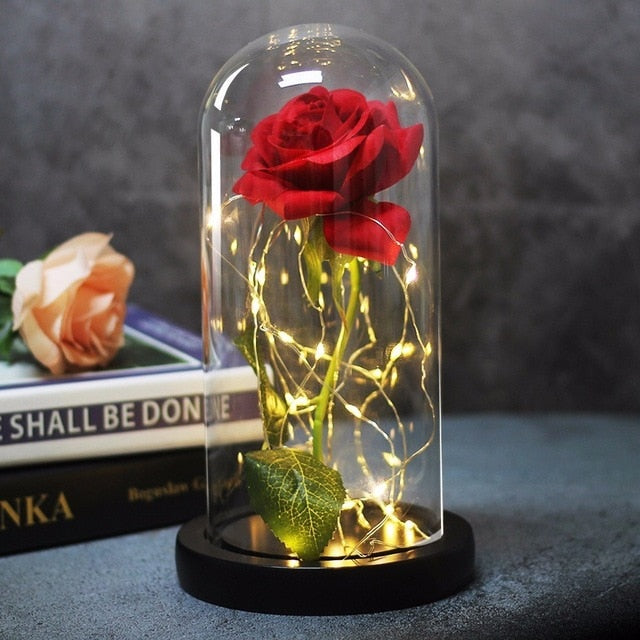 La Belle et la Bête Rose dans un flacon LED Fleur de rose Base noire Dôme en verre